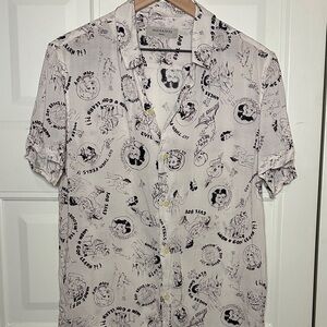 All Saints Men's White and Black Graphic Button Down Shirt